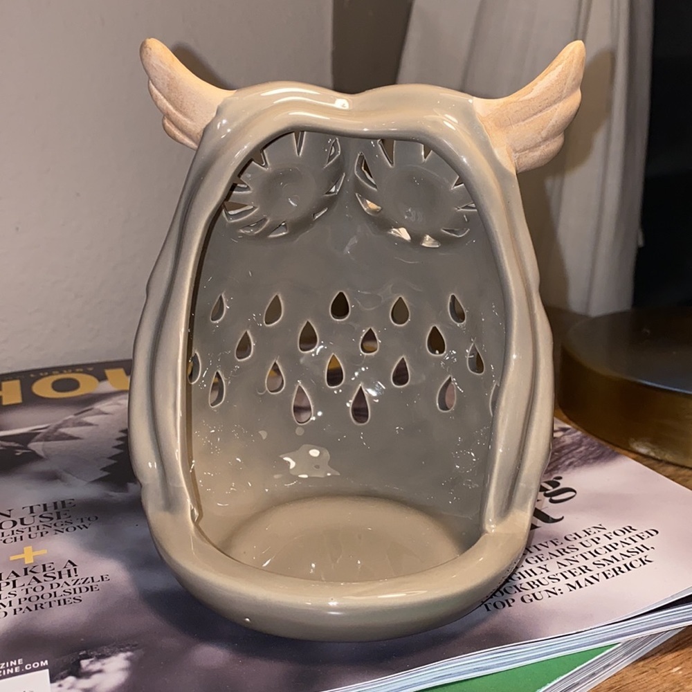 Grey brown tan owl candleholder counter decorative animal fixture ceramic glass - Picture 4 of 14